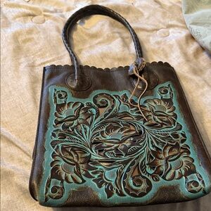 Patricia Nash Brown and Teal Embossed Leather Tote
